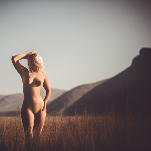 amateur photo 10206-3651634587-potas. portrait photo of a lonely single beautiful 25 year old blonde nude in an evocative pose. War scenery with explosions and