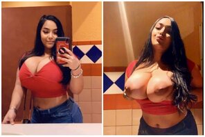 amateur photo Flashing massive tits in public restroom