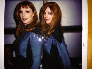 Gates McFadden and her stunt double, Patricia Tallman, on the set of Star Trek TNG