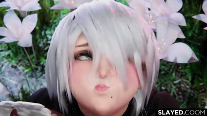 2B Ahegao Chokes His Big Black Penis Spits Sperm In All Directions