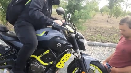 A Client Gives A Massage With His Motorcycle Until He Ejaculates, Sperm On The Front Tire Of The Motorcycle Filmed In Agigea Park On A Beautiful Sunday Day