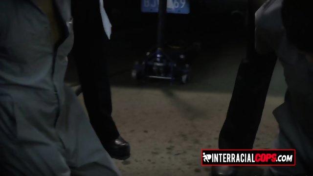 Randy milfs in uniform get into the car shop to capture and fornicate this huge black pecker